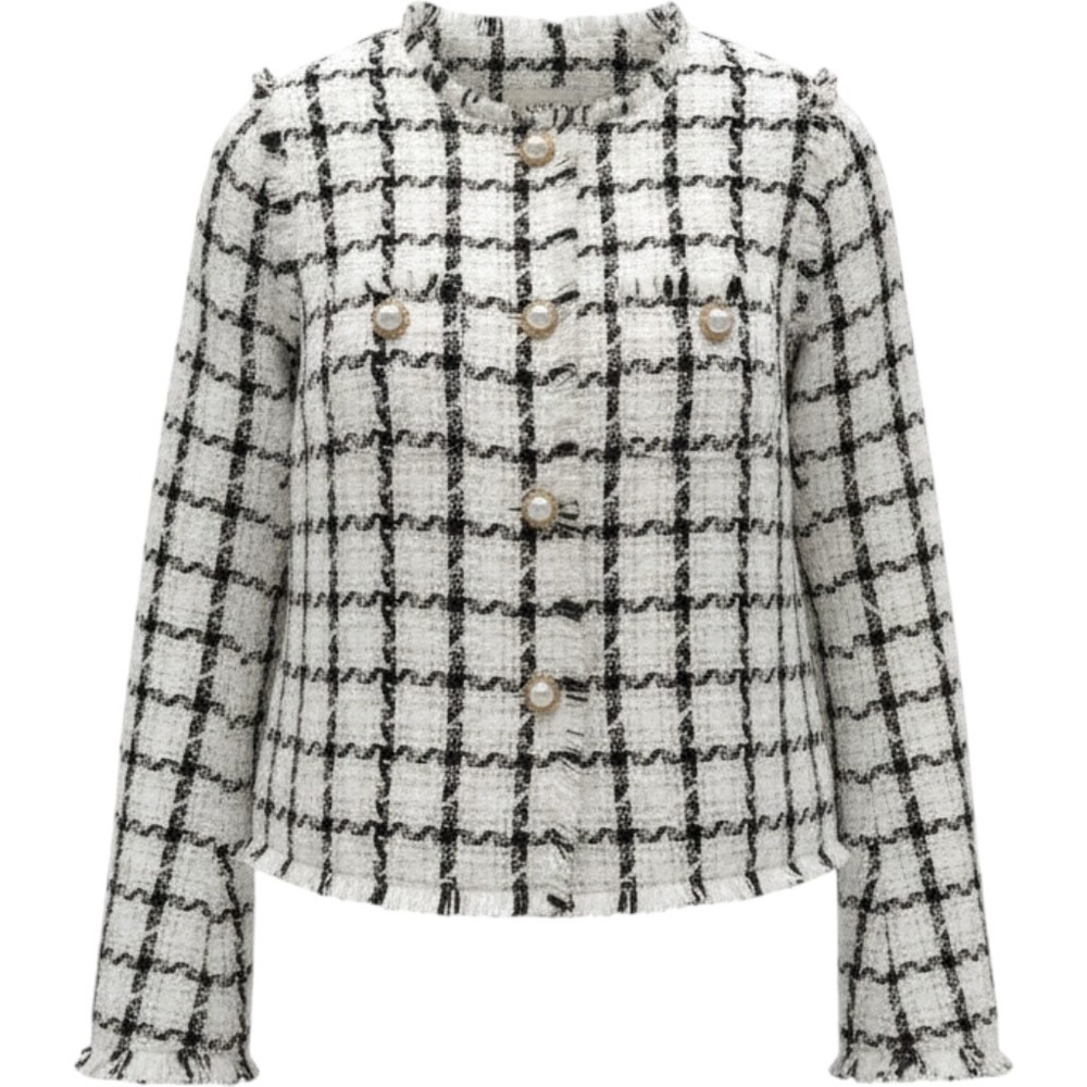 (CL) Aura Boucle Jacket Blazer Black White Plaid Pearl Buttons Gold Womens M